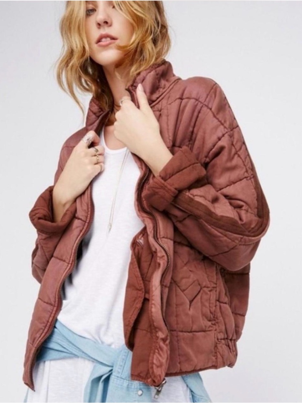free people dolman quilted jacket xs mauve brown oversized tencel utility coat
